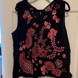 Johnny Was Black Top with Pink Embroidery